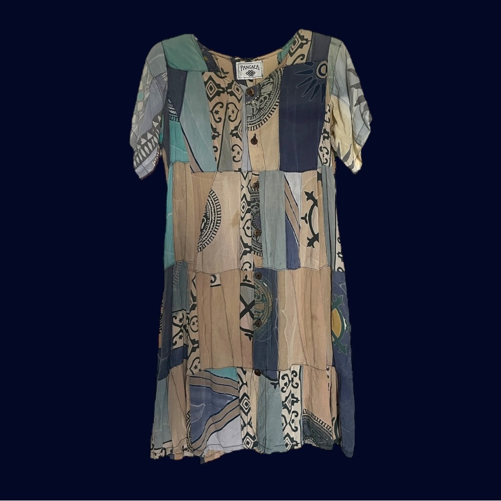 90s vintage patchwork button shift dress / Pangaea / Sz S-M / boho cottagecore